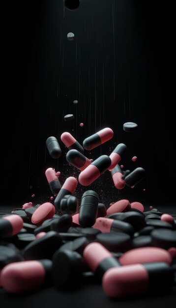 Cinematic pills falling through the air captured in motion