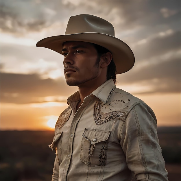 Cinematic portrait of an American cowboy in the West with a hat against a sunset background