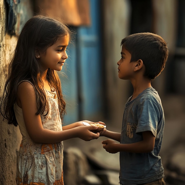 Cinematic Portrait Girl Offering a Treat to a Begging Boy