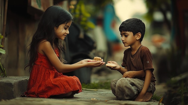 Cinematic Portrait Girl Offering a Treat to a Begging Boy