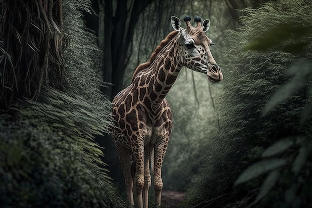 Cinematic portrait of a majestic giraffe in the lush forest