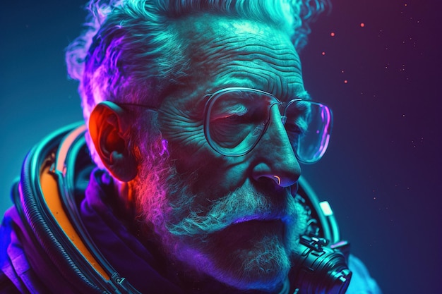 Cinematic portrait of an old astronaut in a spacesuit illuminated by colorful neon light Generative AI