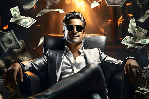 Photo cinematic portrait of rich man sitting around money successful in business