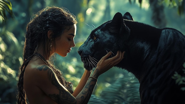 Photo cinematic portrait of a wild woman with a black jaguar