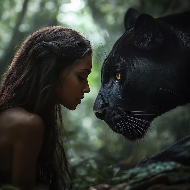 Photo cinematic portrait of a wild woman with a black jaguar