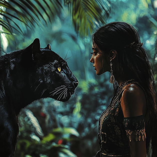 Photo cinematic portrait of a wild woman with a black jaguar