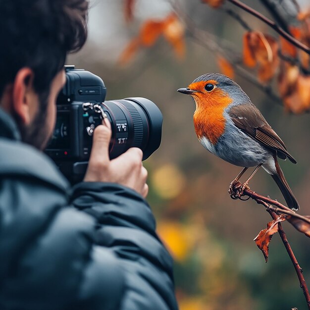 Photo cinematic professional male photographer shooting a picture of a red robin with a professional cam