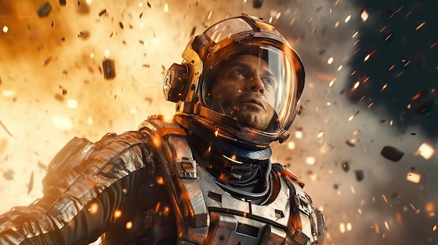 Cinematic scene of an astronaut during an explosion futuristic action movie concept Exploring the