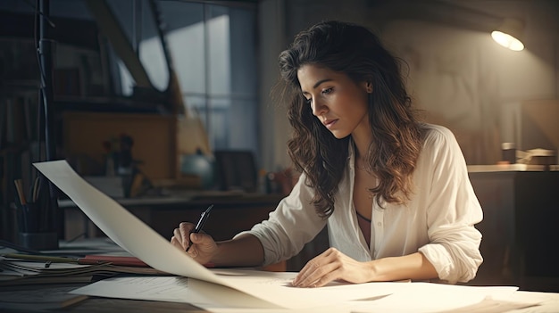 Cinematic scene female screen writer writing on paper in bright studio glitz