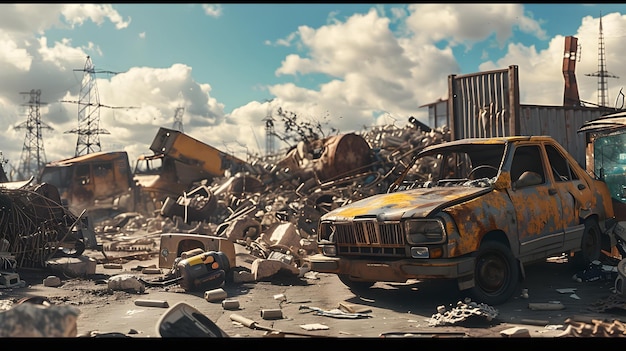 Cinematic Scene of Junk Cars and Rubble in a Trash Dump