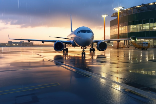 cinematic shot of airport Abron with an airplane on runway