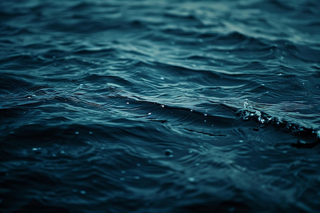 A cinematic shot of the dark blue sea with some ripples on it blurry close up grainy film look