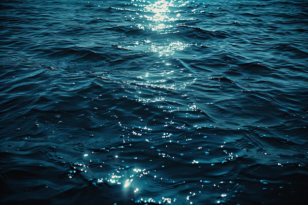 A cinematic shot of the dark blue sea with some ripples on it blurry close up grainy film look