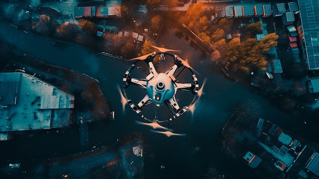 cinematic shot of futuristic drone flying