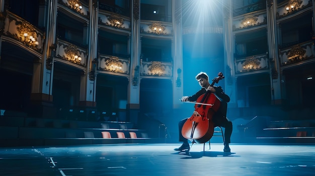 Cinematic shot of Male Cellist Playing Cello Solo on an Empty Classic Theatre Stage Generative AI