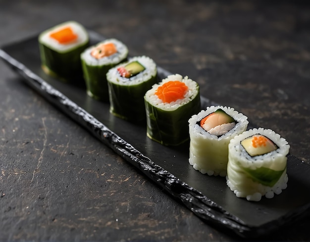 Photo a cinematic shot of a plate of gourmet sushi rolls arranged artfully on a black studio background