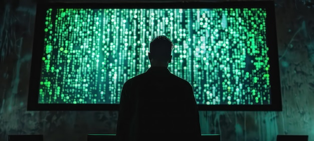 Cinematic shot of the silhouette of a man from behind watching a large screen with green numbers