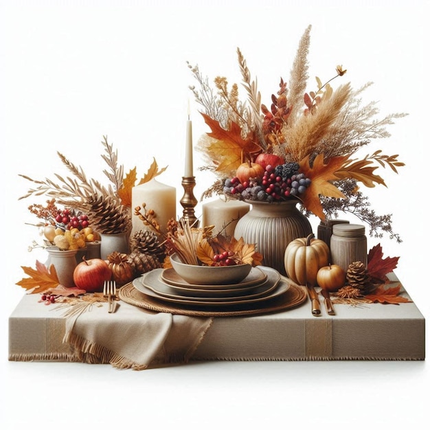 A cinematic shot of a Thanksgiving feast table elegantly decorated with corn husk centerpieces