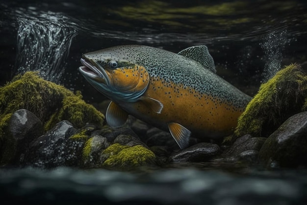 Cinematic shot of a vibrant salmon swimming in the deep blue ocean