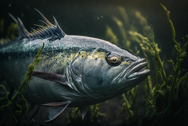 Cinematic shot of a vibrant tuna swimming in the deep blue ocean