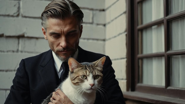 Photo cinematic shot of vintage man in black suit with cat classic elegance and charm