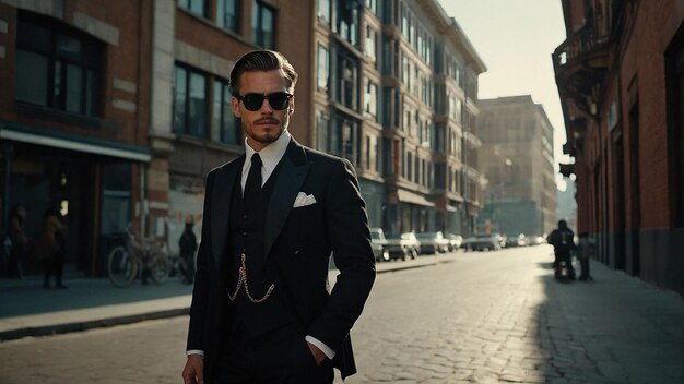 Photo cinematic shot of vintage man in black suit with cat classic elegance and charm