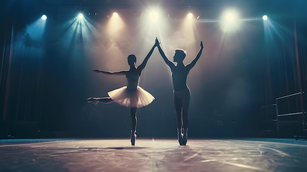 Cinematic shot of Young Couple of Classical Ballet Dancers Performing on the Stage o Generative AI