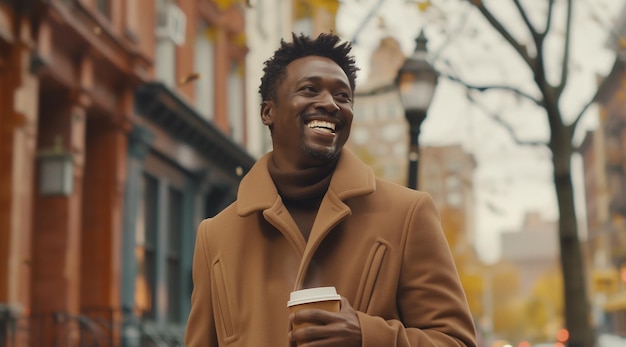 Cinematic still of an attractive Black man in his late thirties walking in New York City with a coff