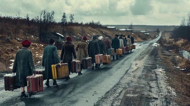 Cinematic style illustration of people with suitcases lined up on an old road