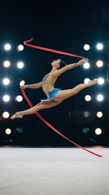 Cinematic Super Slow Motion Footage of a Modern Rhythmic Gymnastics Performance on a Big Stage with