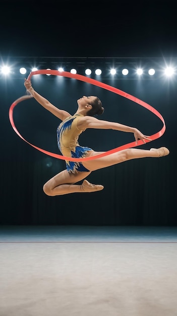 Cinematic Super Slow Motion Footage of a Modern Rhythmic Gymnastics Performance on a Big Stage with