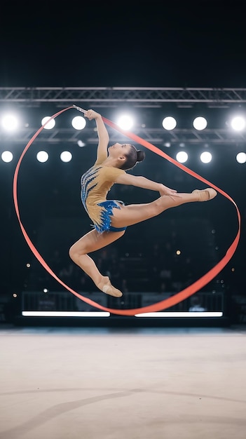 Cinematic Super Slow Motion Footage of a Modern Rhythmic Gymnastics Performance on a Big Stage with