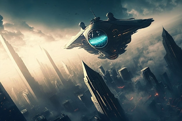 Cinematic UFO space dishes over the city metropolis illustration Generative AI