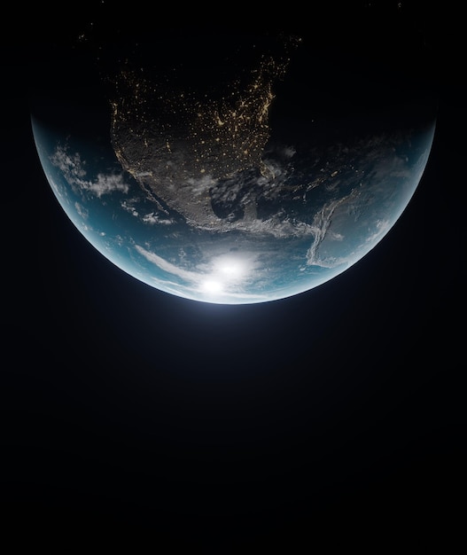 Cinematic View of blue planet north america night Earth in space 3D rendering elements of this image furnished by NASA Civilization view dark space 3d illustrationrealistic earth surface world map