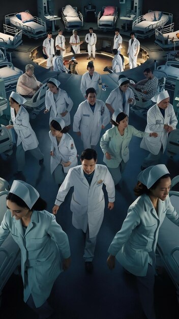 Photo cinematic view of hospital scene with people working in the healthcare system