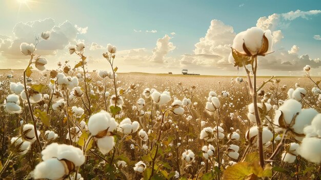 Photo cinematic view of a lush cotton field ready for harvest under a bright sunny sky