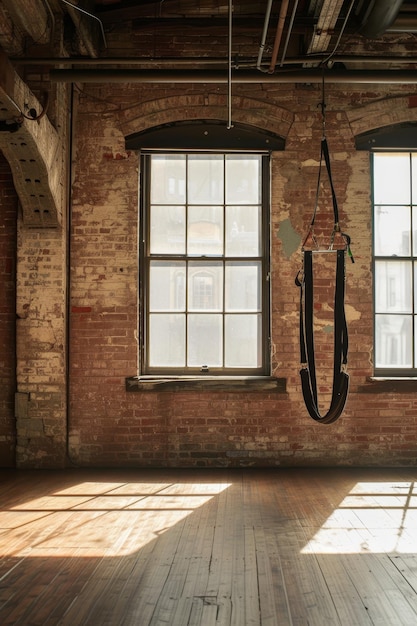 A cinematic view of a suspension trainer against a brooklyn loft styled gym AI genrated illustration