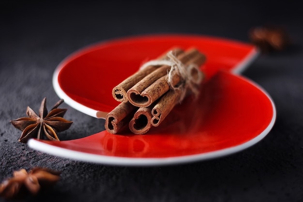 Photo cinnamon and anise on a red split plate.