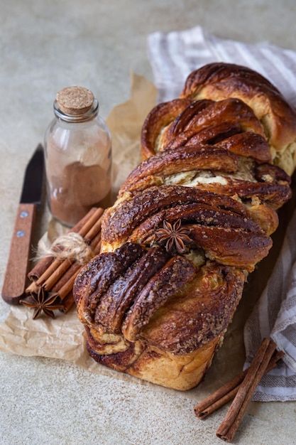 Cinnamon babka or swirl brioche bread Cinnamon roll bread European Easter sweet bread