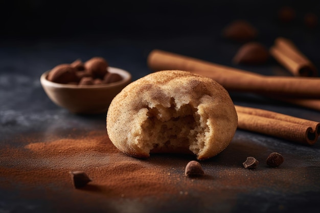 A cinnamon chip cookie with a bowl of chocolate chips next to it