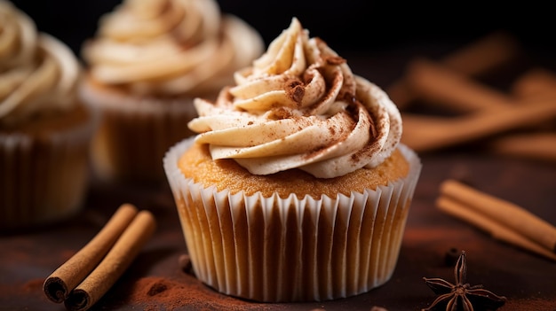 Cinnamon cupcake crowned with a velvety cream cheese frosting and sprinkled with a dash of cinnamon