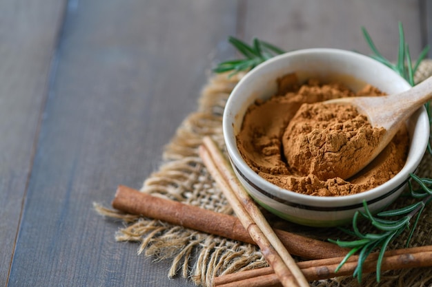 cinnamon powder in bowl Cinnamon is rich in antioxidants and other beneficial compounds and help support blood sugar control protect against heart disease and reduce inflammation