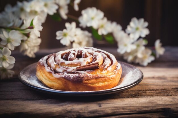 Cinnamon roll and spring flowers on wooden background