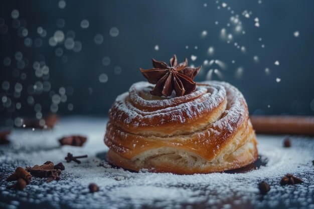 Cinnamon roll sprinkled with powdered sugar