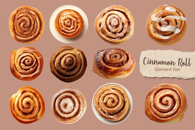 Photo cinnamon roll top view element set