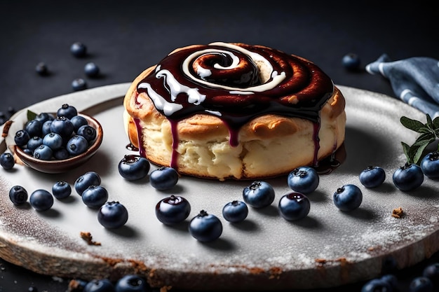 Cinnamon roll with blueberries on white plate