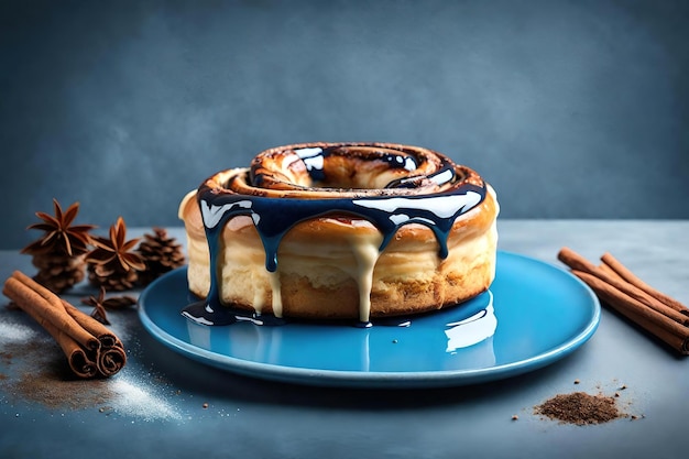 Cinnamon roll with blueberry sauce glaze on blue plate