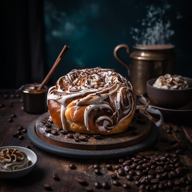 A cinnamon roll with a cup of coffee and a bowl of coffee on a table.