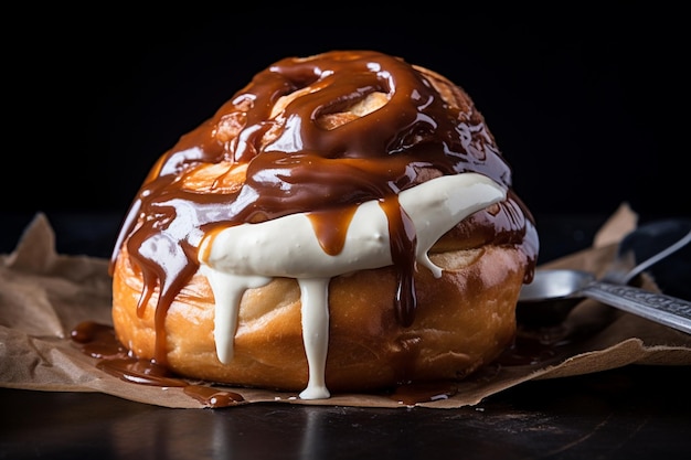 A cinnamon roll with a gooey caramel center