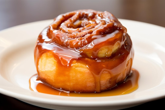 A cinnamon roll with a gooey caramel glaze